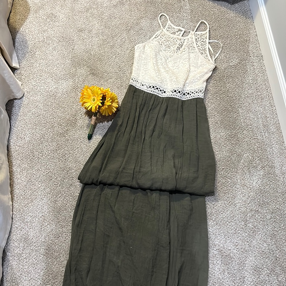 Army olive green and cream maxi dress with lace